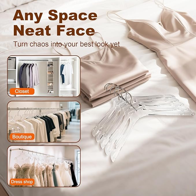 HOUSE DAY Acrylic Hangers 5 Pack, Luxury Clear Hangers for Clothes, Crystal Hanger with Non Slip Shoulder Grips, Notches, 360° Swivel Hook, for Dresses, Tops