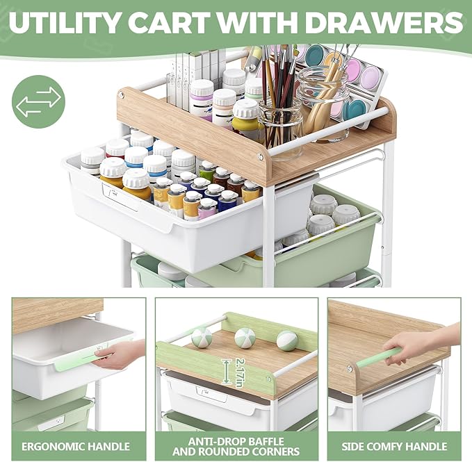 APEXCHASER 6-Drawer Plastic Organizers on Wheels,Rolling Storage Cart with Wooden Top, Mobile Drawer Unit for Classroom, Crafts, Art Supplies, and Home Organization,Green