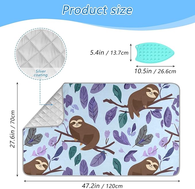 Ironing Mat Pad for Table Portable Travel Iron Blanket Ironing Board Covers Pressing Mat Heat Press Pads 27.6x47.2 Inches Cartoon Sloths Branch Purple60