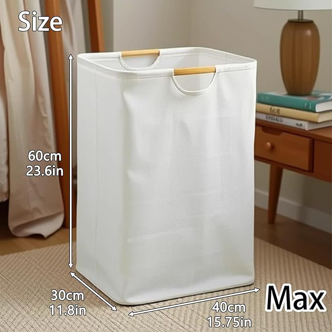 Collapsible Laundry Hamper Bag with Wooden Handles - 72L/19 Gallon Large Capacity Waterproof Oxford Cloth Storage Basket, Freestanding No Wire Frame, for Dorm Room, Bedroom, Bathroom (Max)