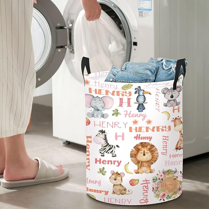 Custom Name Animals Laundry Baskets for Baby Boys Girls, Personalized Toddlers Storage Organizer for Kids Adults, Customize Hampers for Laundry Room Nursery Bathroom Bedroom Utility Room