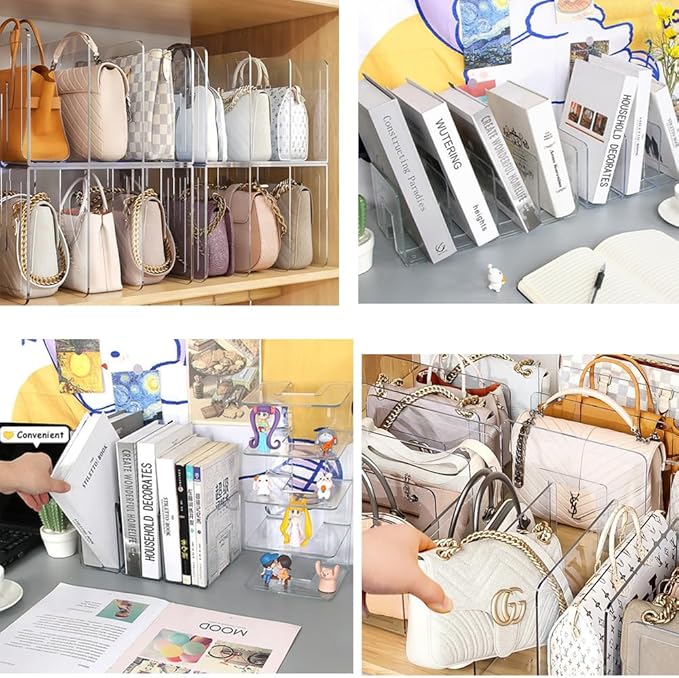 Lemical Clear Acrylic File Sorter 2 Pack Handbag Clutch Purse Organizer Acrylic Shelf Divider Drawer Organizers for Clothes Pouch Notebooks Stand Bookshelf Cooking Utensil (2Pack-4Sections)