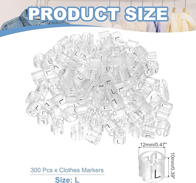 PATIKIL 300 Pcs Clothes Hanger Markers L Fit Rod Garment Size Tag Hanger Clips Round Color Coding Label for Clothing, Clear