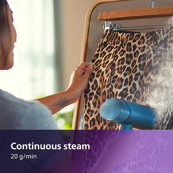 Philips 3000 Series Handheld Travel Steamer, Compact & Foldable, Fast Heat Up, 3.3oz capacity, up to 20g/min continuous steam, No Ironing Board Needed, Blue (STH3000/20)