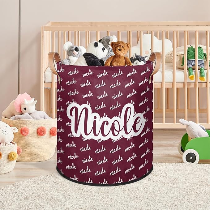 Custom Name Laundry-Hamper, Personalized Red Kids-Clothes-Hamper Foldable with Name, Customized Storage Basket with Handles Waterproof Gift for Boys Girls Baby Women
