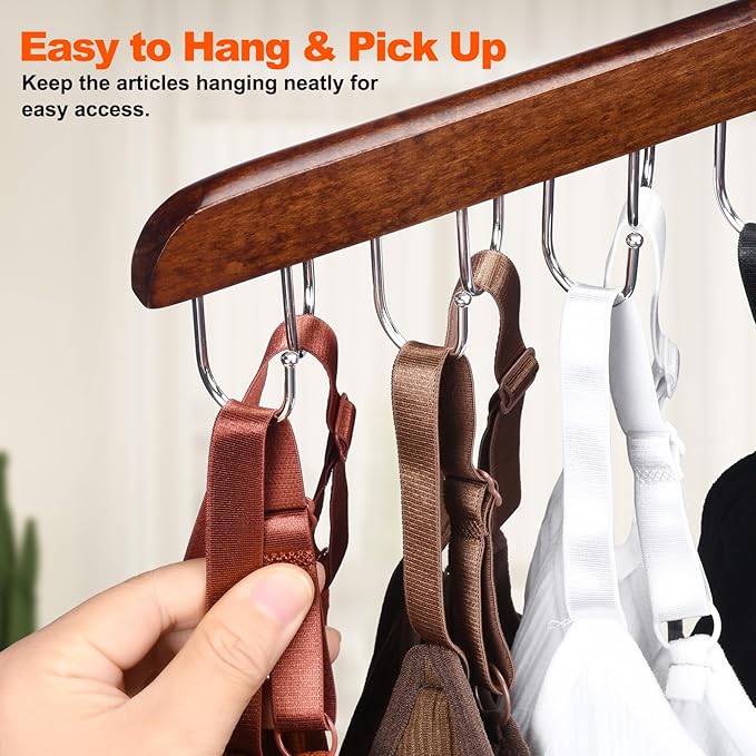 2 Pack Bra Hanger, Wooden Tank Top Hangers with 14 Foldable Hooks, Bra Hanger for Closet Organizer，Premium Wooden Space Saving Hangers Closet Organizers and Storage for Dorm & Apartment (Brown)