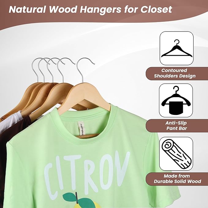 Wooden Hangers Premium Natural Bamboo Wood Hanger Well Polished Ergonomic Design & Sharply Cut Notches with Swivel Hook (Light Brown, Pack of 20)