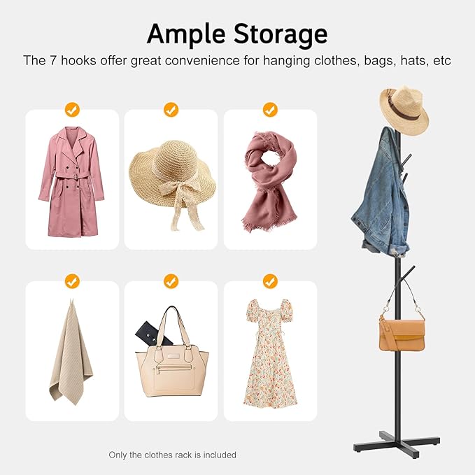 Coat Rack, Free Standing Metal Coat Rack with 7 Hooks Modern Tree-Shaped Clothes Racks Porch Entryway Organizer for Hats Scarves Bags Clothes (18.11×18.11×69.29 in)