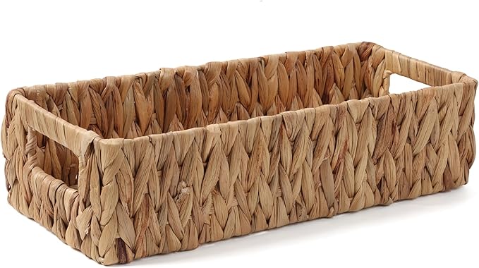 Wicker Storage Baskets with Handle Water Hyacinth Basket for Organizing Decorative Storage Bins for Countertop Toilet Tank Boho Rectangular Home Organizer (Natural, 15.9" x 6.8" x 4.1")