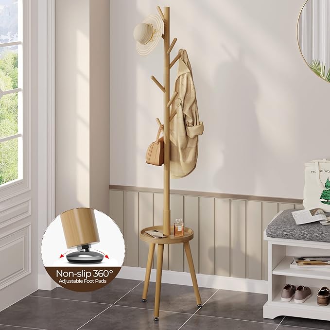 GREENSTELL Coat Rack with 8 Hooks, Wooden Coat Rack Freestanding with Shelf, Coat Tree with 4 Height Options 50.5"-72.6", Coat Hanger Stand for Bags, Clothes, Umbrellas, Hats, in Home, Natural