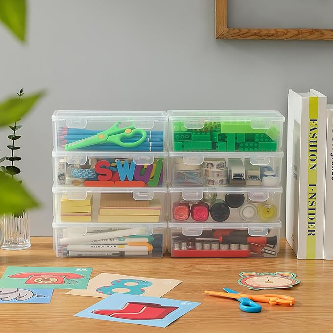 8-Pack Clear Pencil Cases and Pencil Boxes, Stackable Plastic Pencil Box with Snap Lid, Large Capacity for Markers and Art Supplies for School, Office and Desk Organization – Rectangular Large