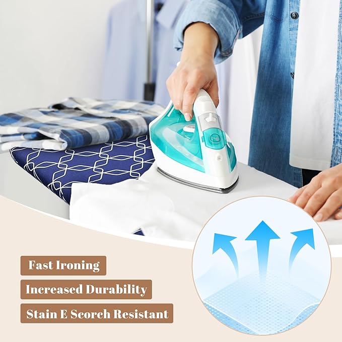 Classic Ironing Board, Compact and Space Saver,Size 43 x 13 Ironing Board, Extra Wide Ironing Area with Extra Thick Heavy Duty Padded, Stable Structure,Easy to Fold Blue Geometry