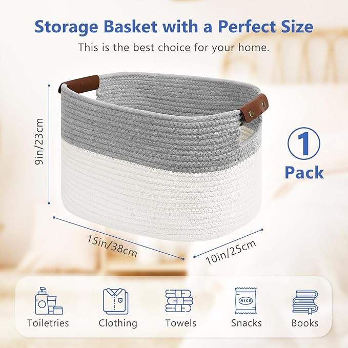 Cotton Rope Basket, Storage Baskets with Handle, 15x10x9 Inch Woven Basket for Shelves, Laundry, Towels, Clothes, Books (White/Grey 1Pack)