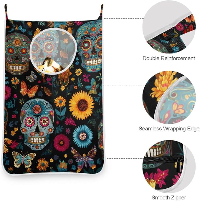 Mexican Skulls and Flowers Hanging Laundry Hamper Door Hampers Bag Basket with Stainless Steel Hooks Oxford Fabric Printing Decorative Clothes Bags 29.5X20inch 2Pack