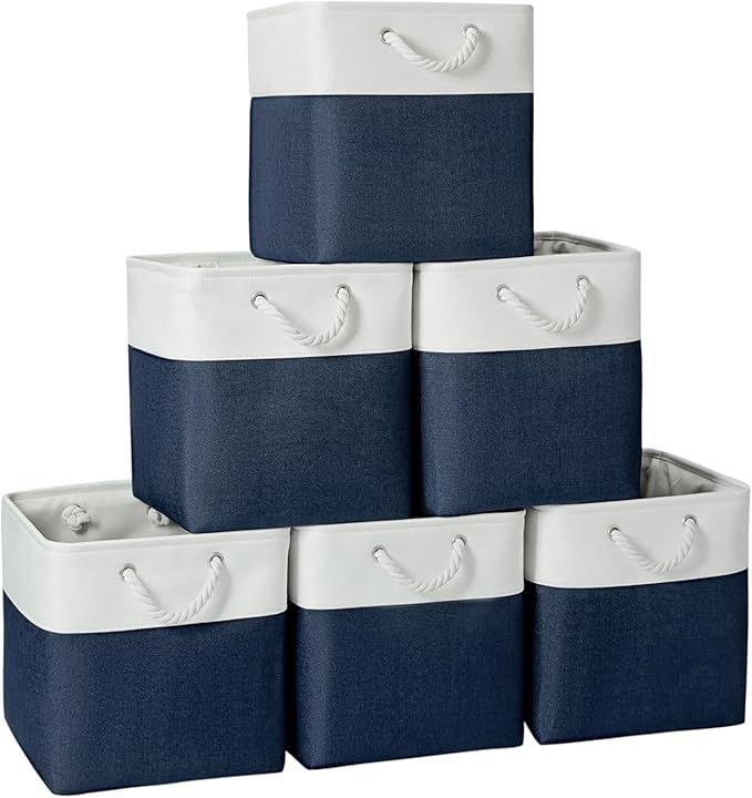 Cube Storage Bins, Collapsible Fabric Storage Cubes Bins, 11 Inch Cube Storage Bins with Handles, Foldable Storage Cubes (White/Navy, 6Pack)