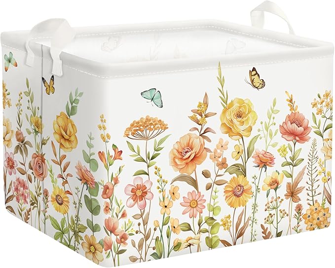 Colourful Flowers Laundry Hamper Large Storage Basket Floral Collapsible Adult Organizer Kids Toy Clothes Bins for Bedroom, Bathroom, Boho Plants, 36L