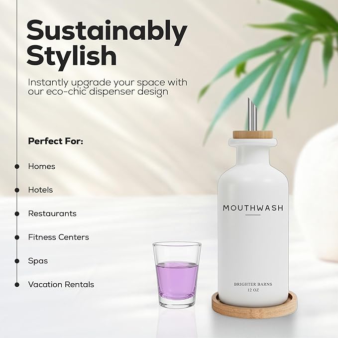 White Glass Mouthwash Dispenser for Bathroom by Brighter Barns - Mouth Wash Dispensers with Stainless Steel Spout, Mouthwash Cup, Tray - Minimalist Bathroom Decor for Hotel, Spa, Dental Office (White)