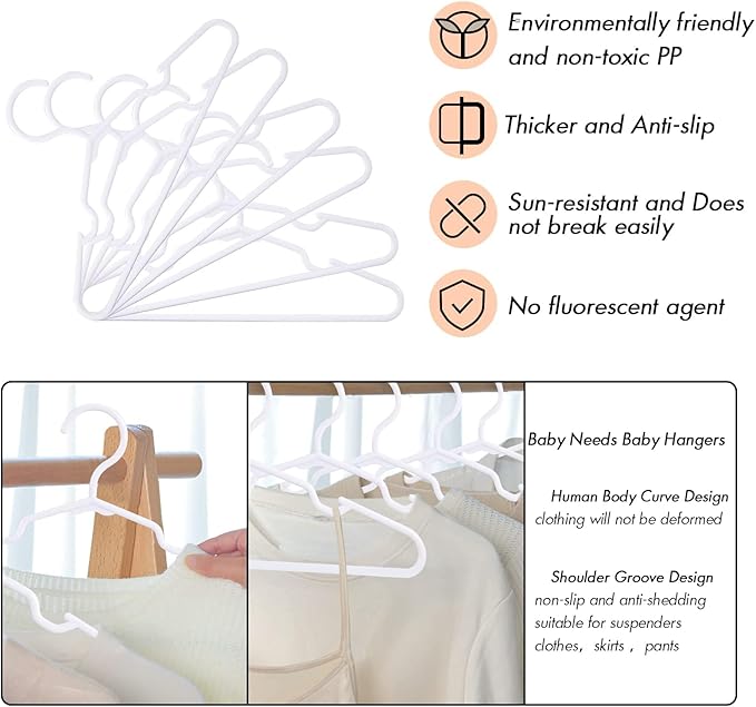 50 Pack White Kids Hangers 11.6 Inch - Baby Clothes Hangers for Toddler & Child, Durable Plastic Children's Hangers for Closet, Pants, Coats, Skirts (Non-Slip, Space-Saving)