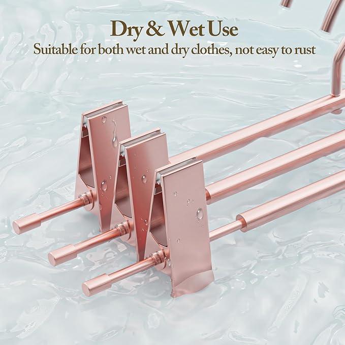 Matte Rose Gold Aluminum Pants Hangers 10 Pack, Lightweight Skirt Hangers with 360°Swivel Hooks and Non-Slip Adjustable Clips for Trousers, Skirts, Jeans, Kids & Adults, Durable, Space-Saving