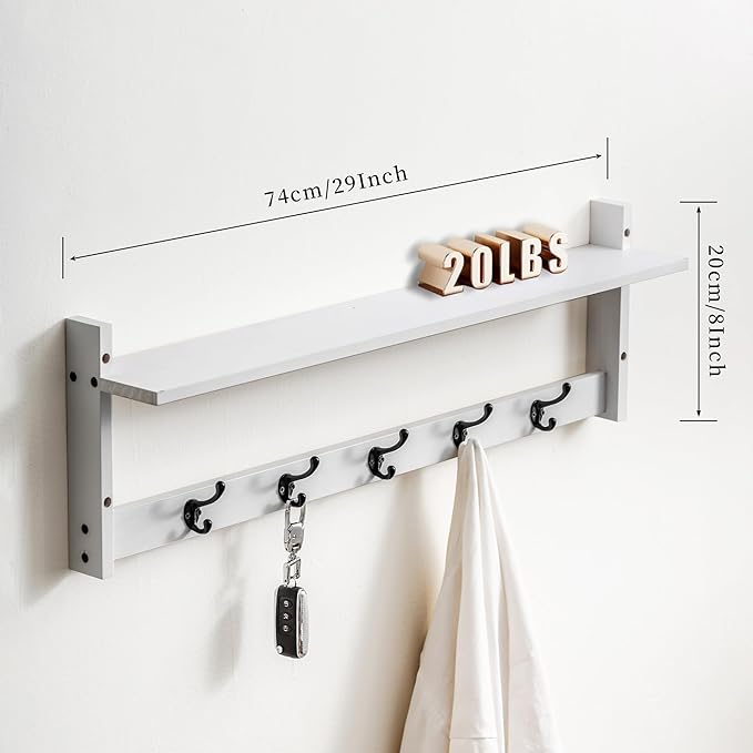 29Inch Wall Mounted Coat Rack with Hooks and Shelf - Large Rustic Wood Coat Hangers for Hats, Keys, Towels, Robes – Functional Entryway Wall Organizer for Bathroom, Kitchen, Mudroom (White)