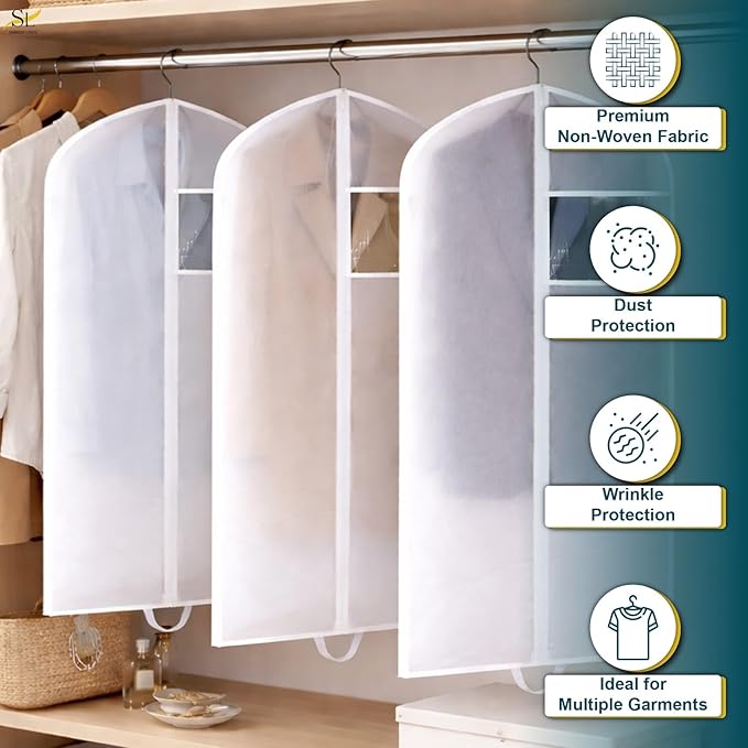 43" Garment Bags for Hanging Clothes, Pack of 3 Suit & Dress Covers for Storage and Travel, Long Gown Bags with Zipper, Classic White