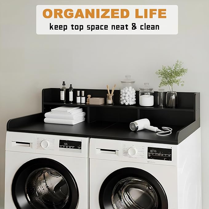 Washer Dryer Countertop with Shelf, 2-Tier Laundry Countertop Over Washer and Dryer, 54" x 27.55" Wooden Table for Folding Clothes for Laundry Room Organization and Storage (Black)