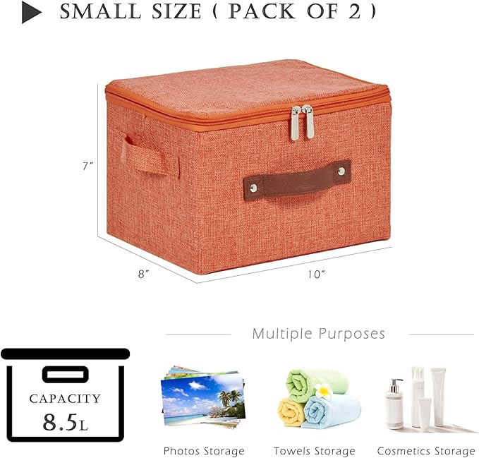 2 Pack Storage Bins with Zipper Lid Cotton Linen Fabric Lidded Storage Baskets Boxes Foldable Washable Closet Shelf Clothes Organizer Container with PU Leather Handles (Orange, Small)