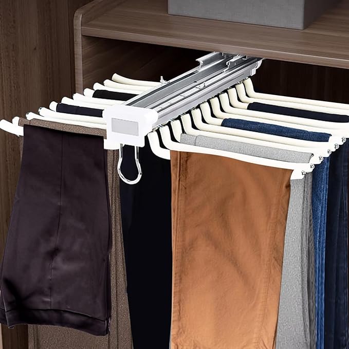 22 Arms Steel Slide Out Pants Rack Closet Pants Hanger Bar Pull Out Trousers Rack Tie Belts Scarf Racks, Top Mounted Wardrobe Clothes Organizers Rail Pull Out Closet Storage Rod-Beige