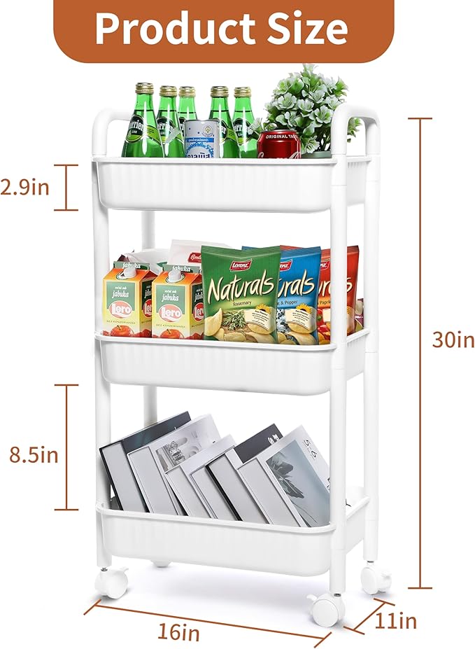 YSSOA Rolling Storage Cart, 3 Tier Slim Mobile Shelving Unit 360° Rotating Wheel Lockable Utility Cart, Ideal for Office, Kitchen, Bathroom, Laundry and Narrow Spaces, White