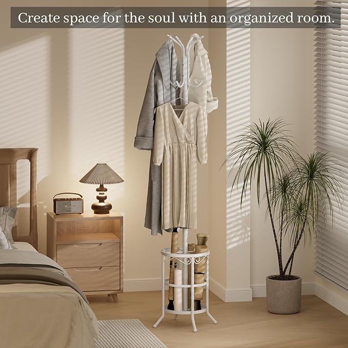 Coat Rack Freestanding with Umbrella Holder – Metal Hanger Stand, Hall Tree with 12 Hooks, Entryway Organizer for Hats, Bags, and Clothes (White)