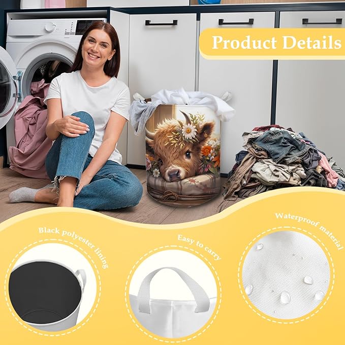 Highland Cow Laundry Basket, Farmhouse Floral Western Cow Waterproof Collapsible Laundry Hamper Dirty Clothes Storage Toy Bin Organizer for Nursery Girls Kids Room Bathroom Bedroom