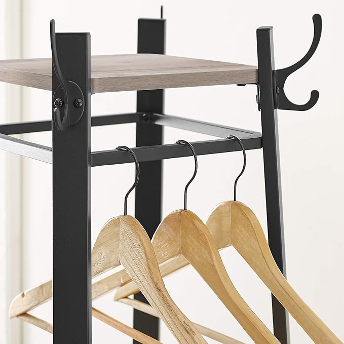 VASAGLE Coat Rack, Coat Stand with 3 Shelves, Hall Tree Free Standing with Hooks for Scarves, Bags, Umbrellas, Steel Frame, Industrial Style, for Entryway, Living Room, Greige and Black ULCR080B02