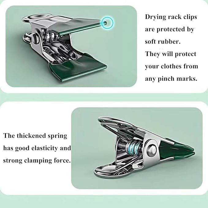 Stainless Steel Coat Sock Drying Rack with 24 Clips, Swivel Hook Windproof Clothes Hanger Rack for Sock Bras Towel Underwear Hat Scarf Gloves Pants Laundry Clothes (Emerald Green Clips)