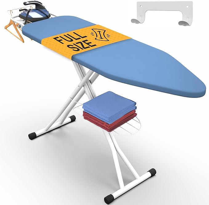 Xabitat Full Size Ironing Board 57" X 15" with Wall Mount Hanger, Full Metal Construction Iron Board, Built in Iron Caddy, Heat & Scorch Resistant Fabric, Cord Holder (Blue, 15 x 57 Inches)