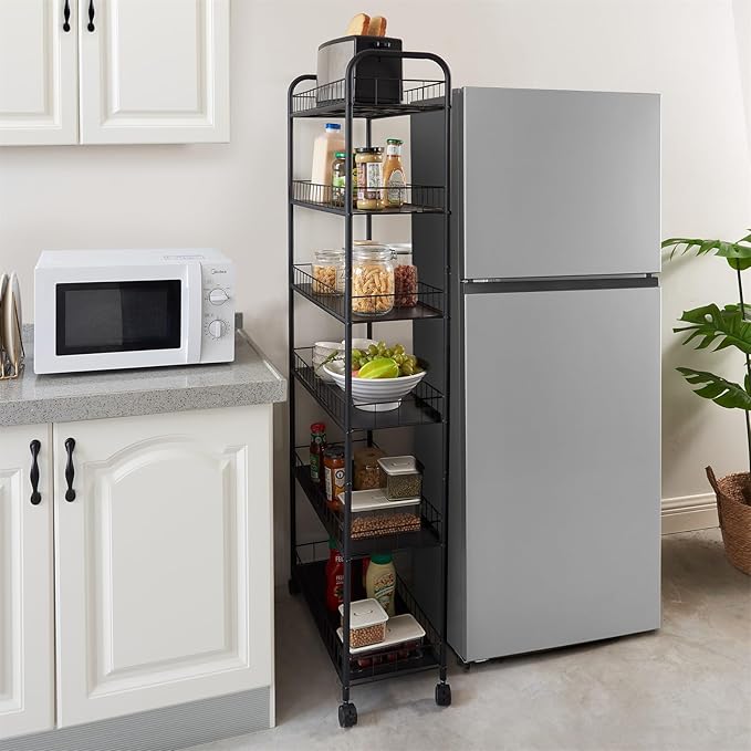 6-Tier Slim Rolling Storage Cart with Wheels, Narrow Metal Organizer Shelf Unit for Kitchen, Bathroom, Laundry, Office, Garage – Black, 10" Wide