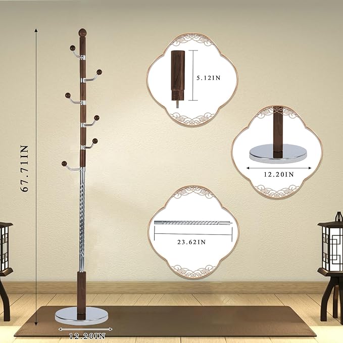 Coat Rack Freestanding, Wooden Tree Coat Rack Stand with 3 Adjustable Sizes Coat Tree and 11 Hooks, Sturdy Hall Tree with Solid Round Base for Entryway, Hallway,Bedroom (Walnut Metal)