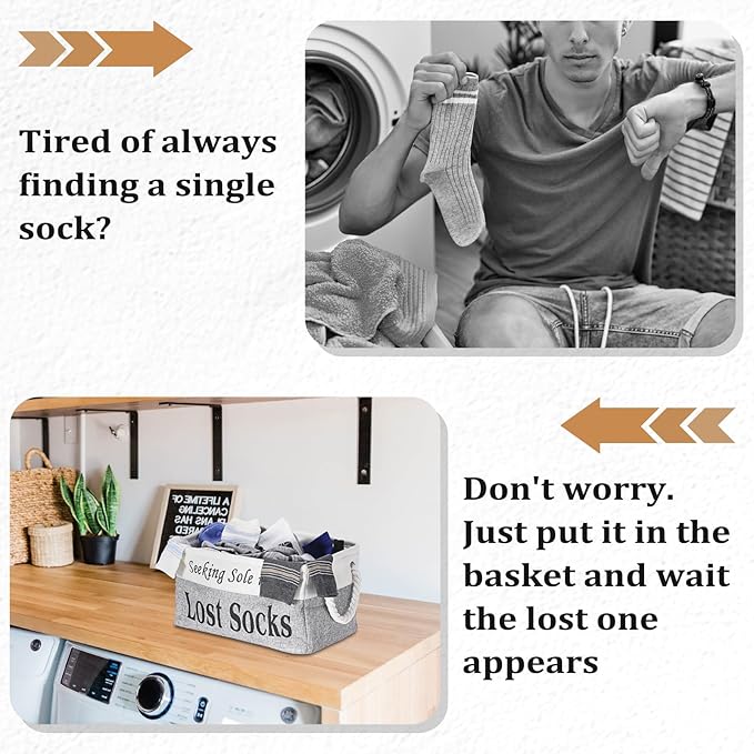Lost Socks Basket for Laundry Room, Fabric Missing Sock Holder for Single Sock Organization, Collapsible Lost Socks Bin Stockings Container, Farmhouse Laundry Room Decor and Accessories