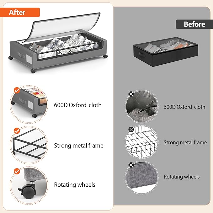 Under Bed Storage Containers with Wheels - Foldable Organizer Bins for Blankets, Clothes, Shoes, Toys, and Comforters.Capacity, Space Saving, Easy Pull Out, Clear PVC (Gray-1)