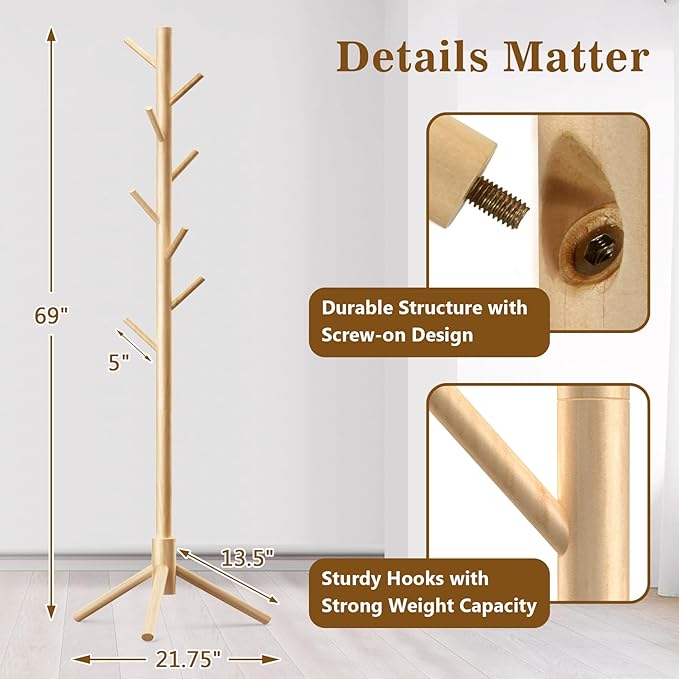 Wooden Coat Rack Freestanding with 8 Hooks,Easy Assembly New Zealand Pine Tree Coat Racks, 3 Adjustable Sizes for Clothes, Hats, Bags, for Entryway, Hallway, Bedroom, Office (Natural, 2PCS)