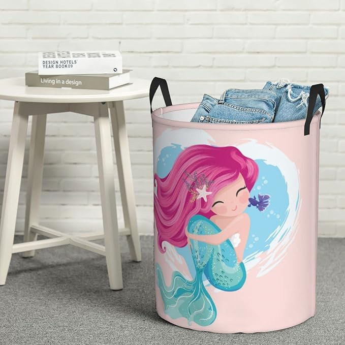 Dujiea Mermaid Girl Laundry Basket Round with Handle, Collapsible Foldable Canvas Storage Bin Dirty Clothes Bag for Laundry/Toys Organizer/College Dorm/Nursery/Decor(2 Sizes)