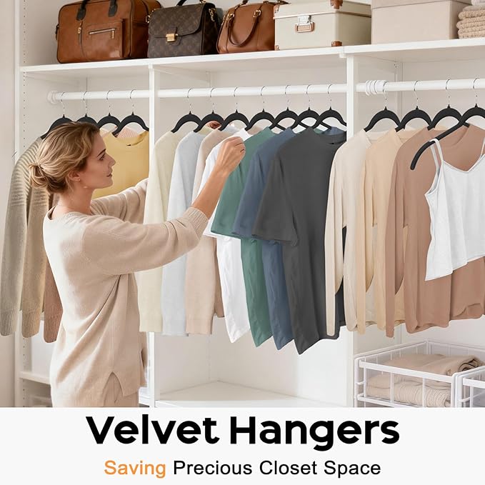 Black Velvet Hangers 30 Pack, Non-Slip Felt Hangers with Shoulder Notches, Slim Space Saving Clothes Hangers with 360°Swivel Hook for Shirts Heavy Coats Clothes Dresses Closet (Black)