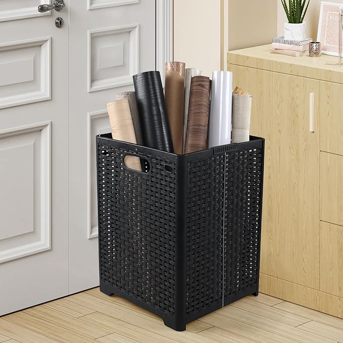 40 L Collapsible Plastic Clothes Laundry Basket Hamper, Tall Foldable Laundry Basket, Black