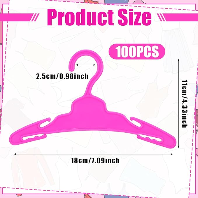 Soulchen 100 Pcs Doll Clothes Hangers for 18 Inch Dolls, Plastic Clothes Hangers with Non-Slip Clips, Space-Saving Wardrobe Accessories for Gown Dress Outfit (Rose Red)