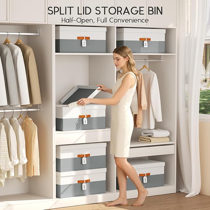 Extra Large Storage Bins - 3 Pack Closet Storage Boxes with Double-Open Lid & Divider Board, Stackable Colthes Storage Organizer, Fabric Basket with Label Tag for Home, Laundry