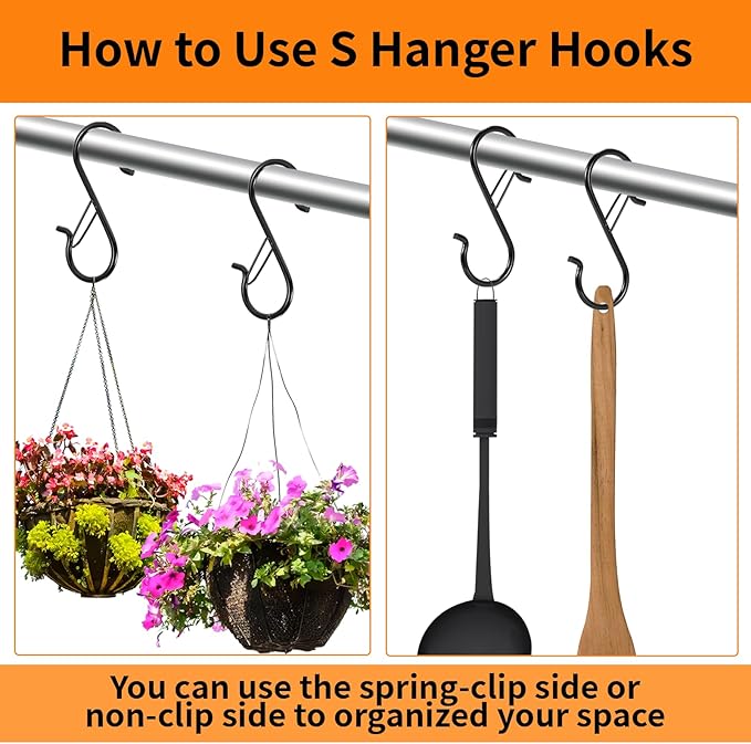 48 Pcs S Hooks for Hanging with Safety Buckle, 3.5 inch Heavy Duty Metal S Shaped Hooks Stainless Steel for Hanging Kitchen Utensil, Cups, Pots, Plants, Bags, Hats (Black)