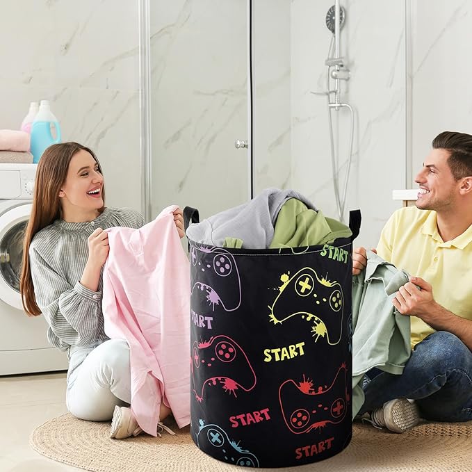 Zhehao 2 Pcs Gamer Laundry Basket Boys Kids Laundry Hamper Gamer Room Decor Gaming Storage Basket Hamper Clothes Organizer Nursery Toy Storage Bin for Easter Gifts Bedroom Bathroom Decoration(Vivid)