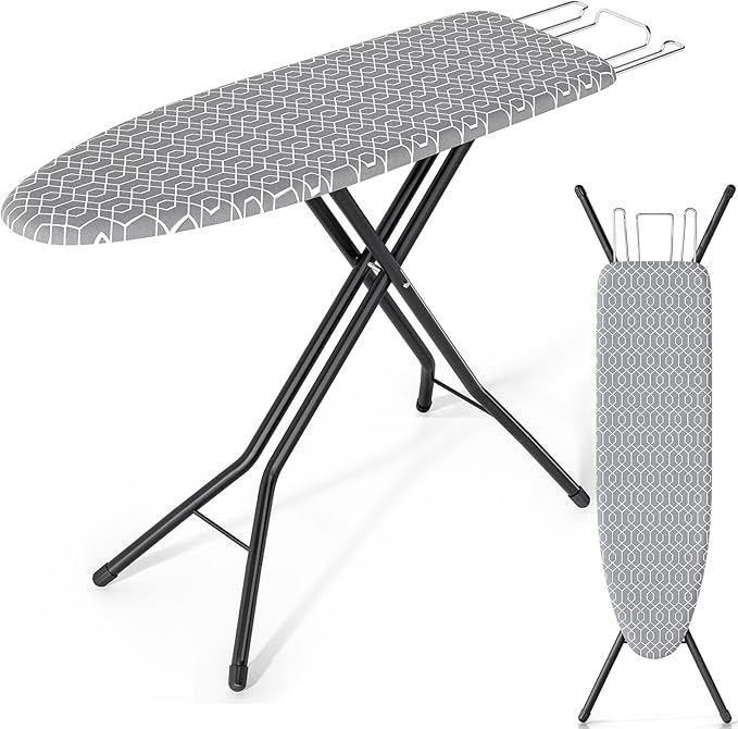 KINGBOARD Foldable Ironing Board Full Size, Iron and Ironing Board Set Standard Size, Iron Boards with Ironrest & Adjustable Height,Heavy Duty Iron Table Stand with Metal Legs &Thick Cover,43x13 Gray