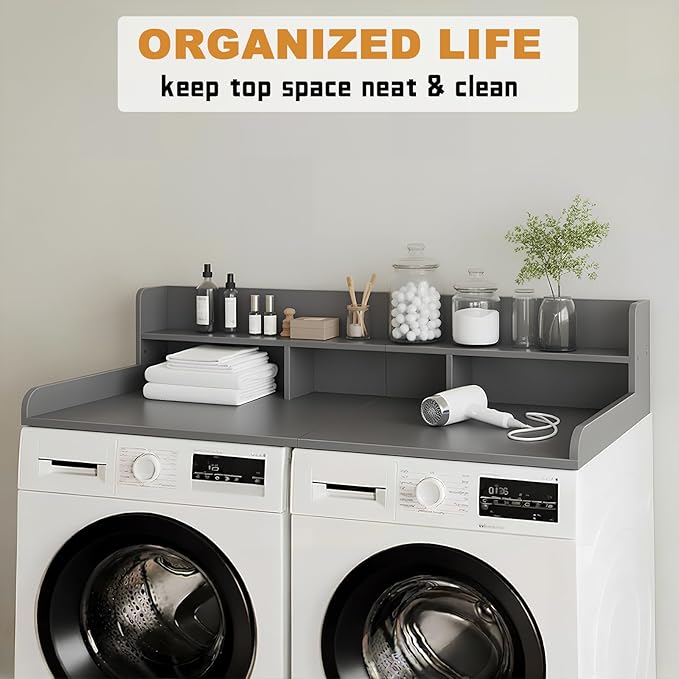 Washer Dryer Countertop with Shelf, 2-Tier Laundry Countertop Over Washer and Dryer, 54" x 27.55" Wooden Table for Folding Clothes for Laundry Room Organization and Storage (Gray)