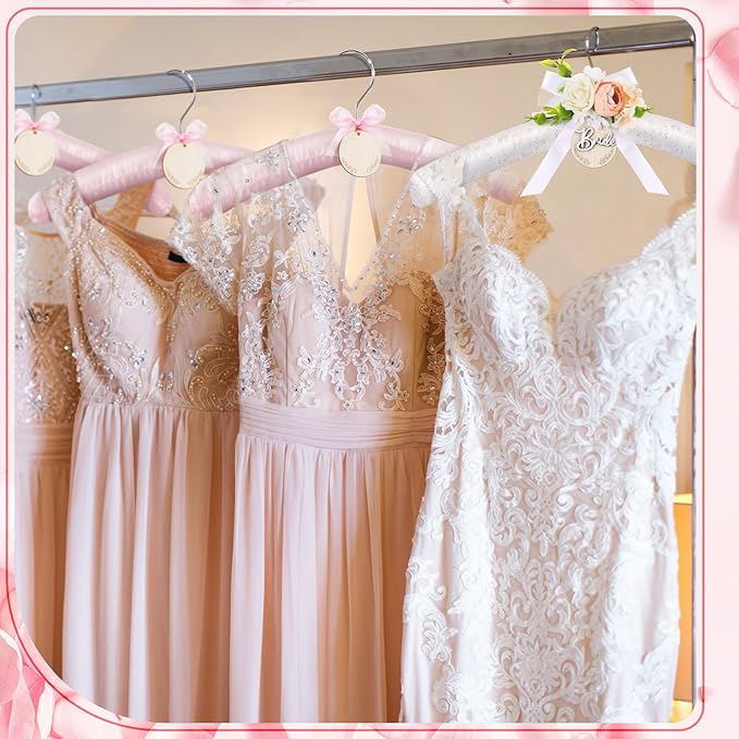 12 Pcs Satin Padded Hangers for Women Clothing White Lace Bride Hangers with Anti Rust Shoulder Hook Non-Slip Buttons and Customizable Tags for Hanging Dresses Sweaters Suits Party Supplies