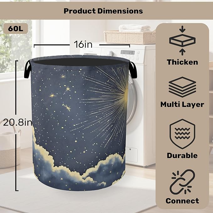 Sun Cloud Gothic Laundry Basket with Handles - Extra Large Foldable Hamper for Bathroom/Laundry/Bedroom/Dorm, Washable Fabric Storage Bin